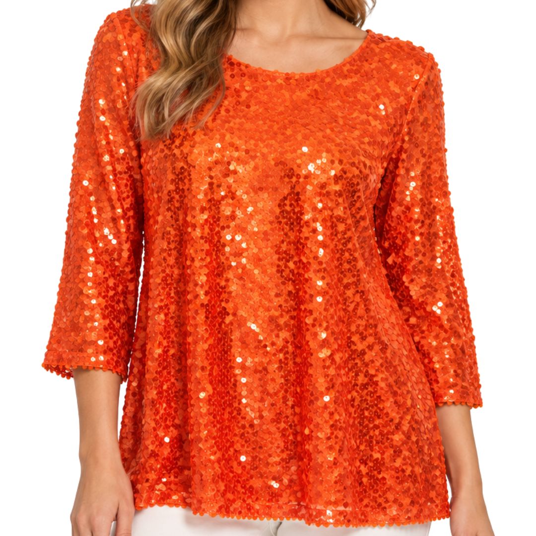 Maglia con pailettes scollo tondo manica 3/4 Made In Italy Donna Clara