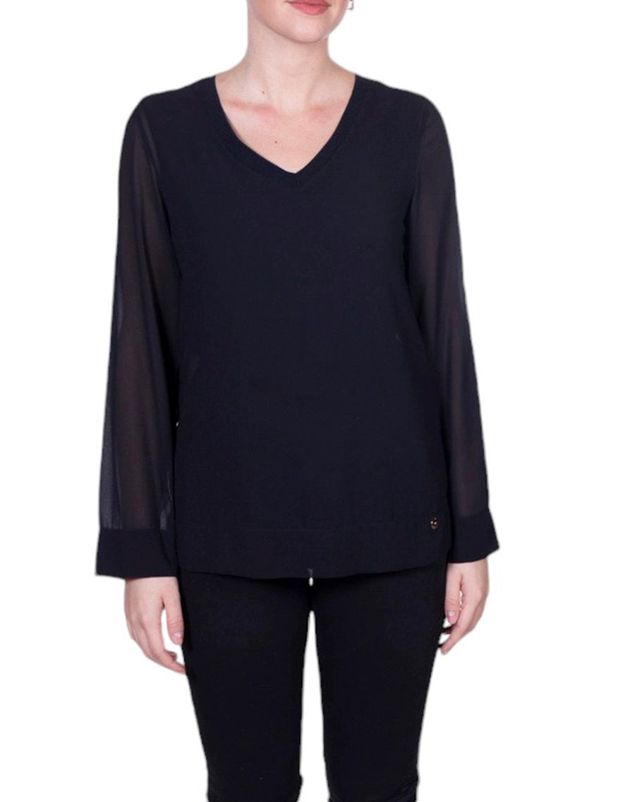 Blusa donna con scollo a V e maniche lunghe in chiffon semi-trasparente