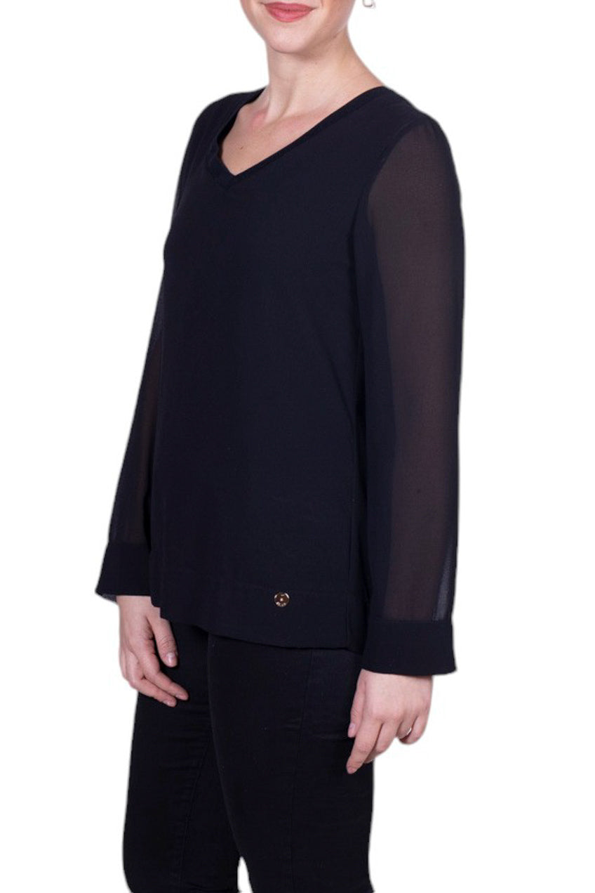 Blusa donna con scollo a V e maniche lunghe in chiffon semi-trasparente