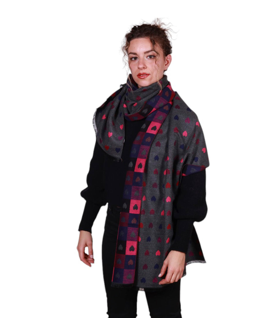Sciarpa donna fantasia cuori, in misto lana Made in Italy