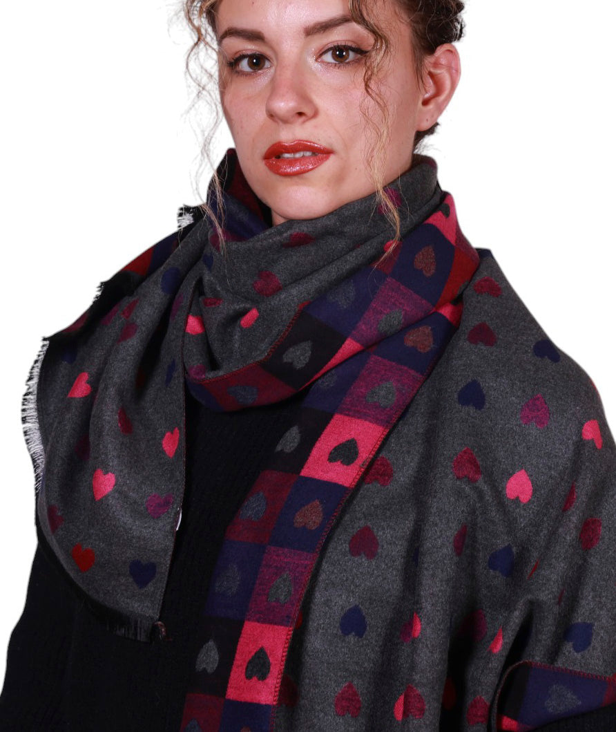 Sciarpa donna fantasia cuori, in misto lana Made in Italy