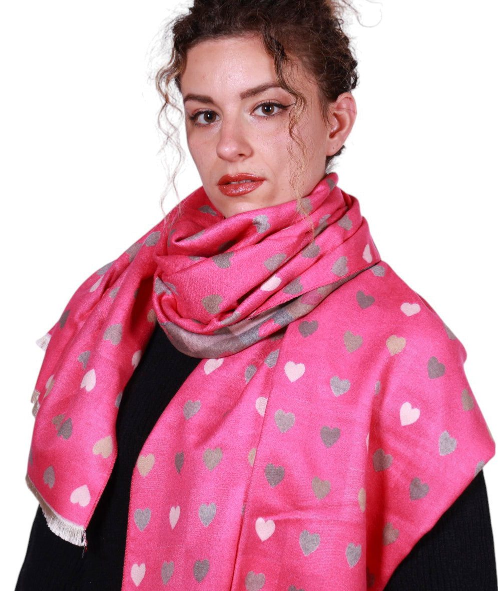 Sciarpa donna fantasia cuori, in misto lana Made in Italy
