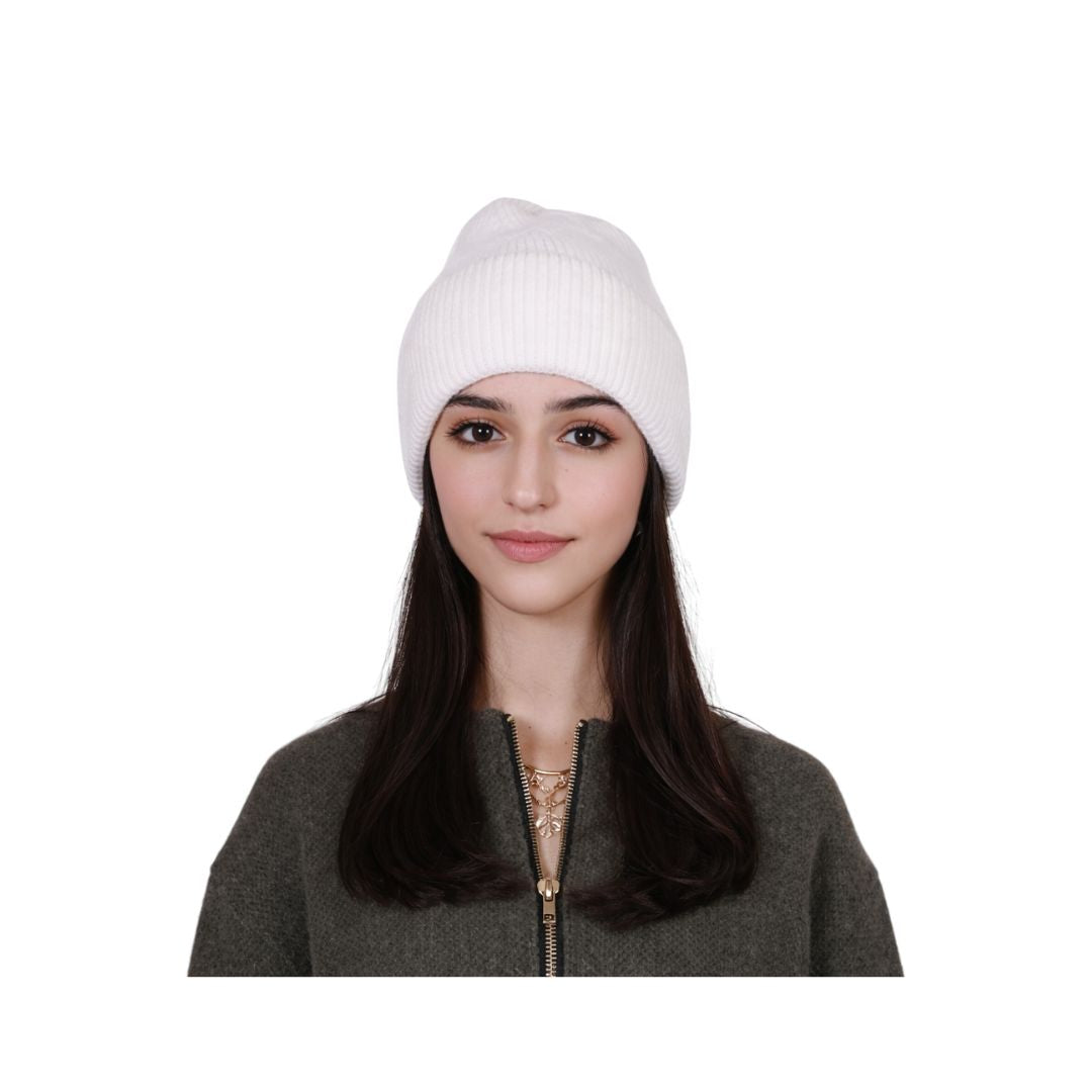 Cappello donna caldo con risvolto in misto angora tinta unita Made in Italy