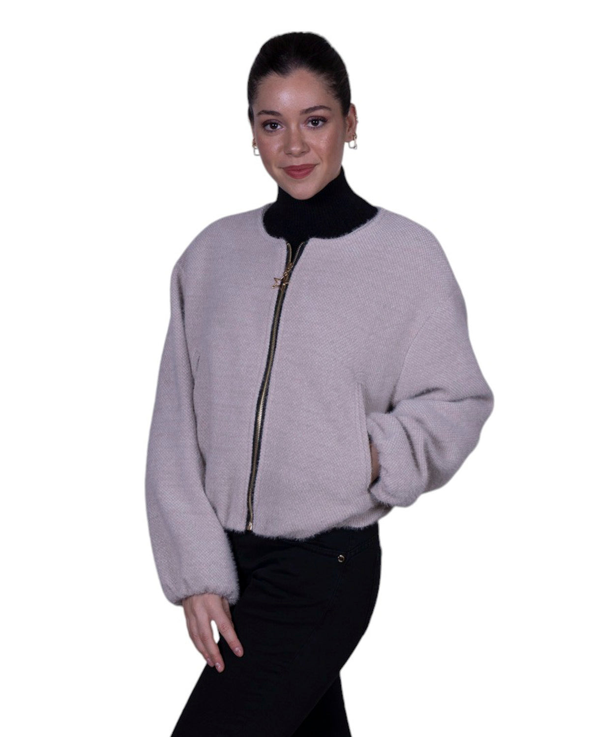 Bomberino donna con chiusura a zip metallica e finiture elasticizzate sui bordi