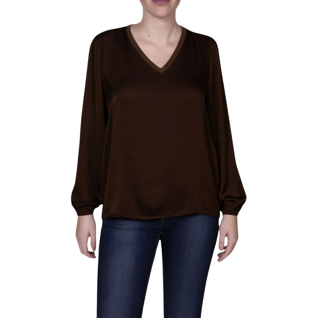 Blusa donna in viscosa con scollo a V profilato lamé e maniche morbide