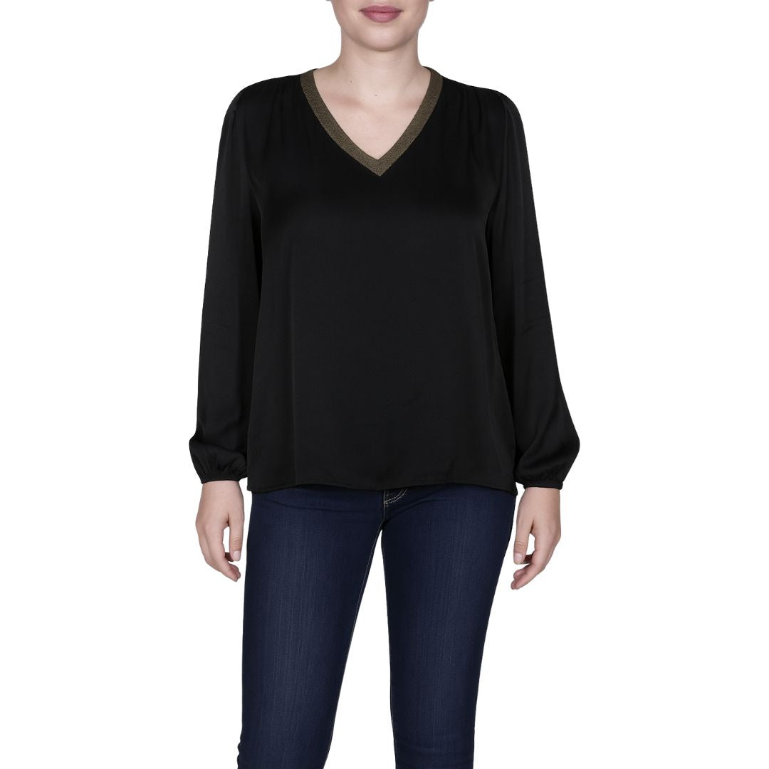 Blusa donna in viscosa con scollo a V profilato lamé e maniche morbide