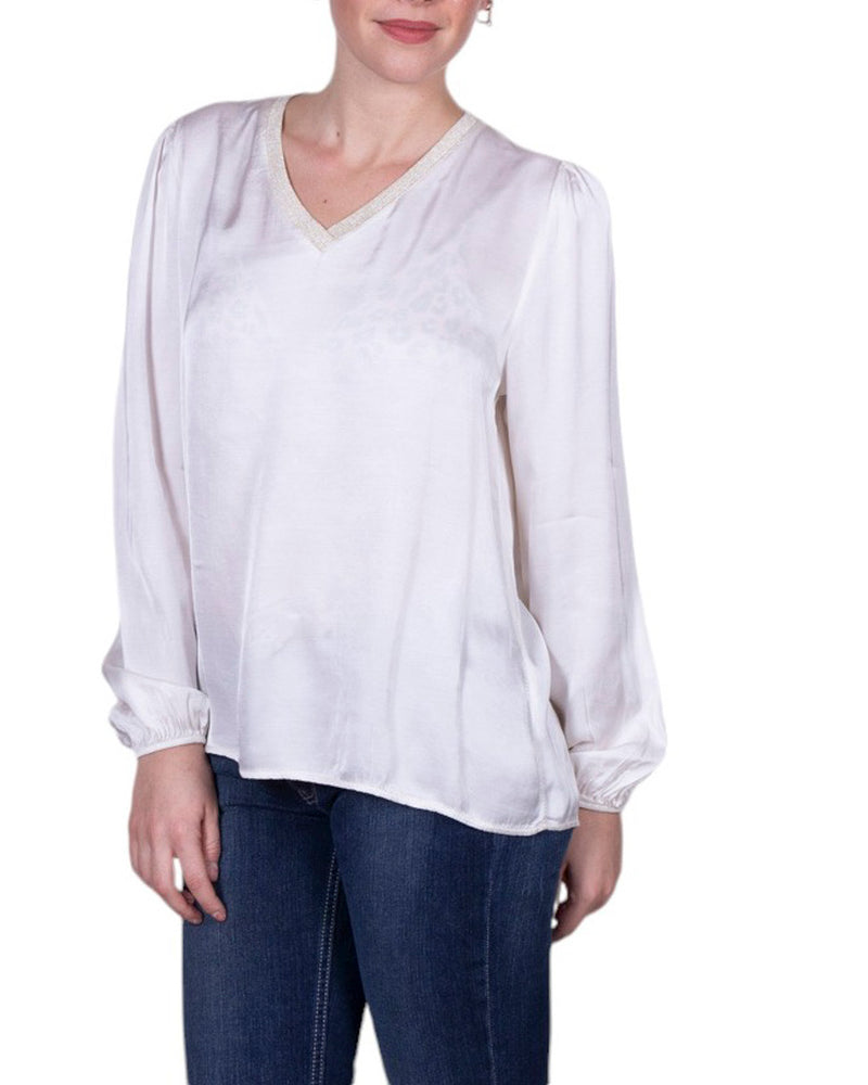 Blusa donna in viscosa con scollo a V profilato lamé e maniche morbide