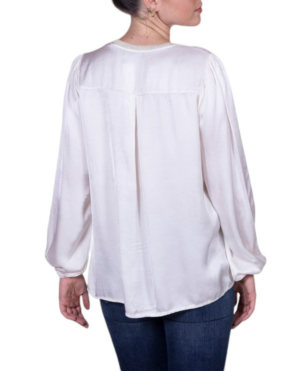 Blusa donna in viscosa con scollo a V profilato lamé e maniche morbide