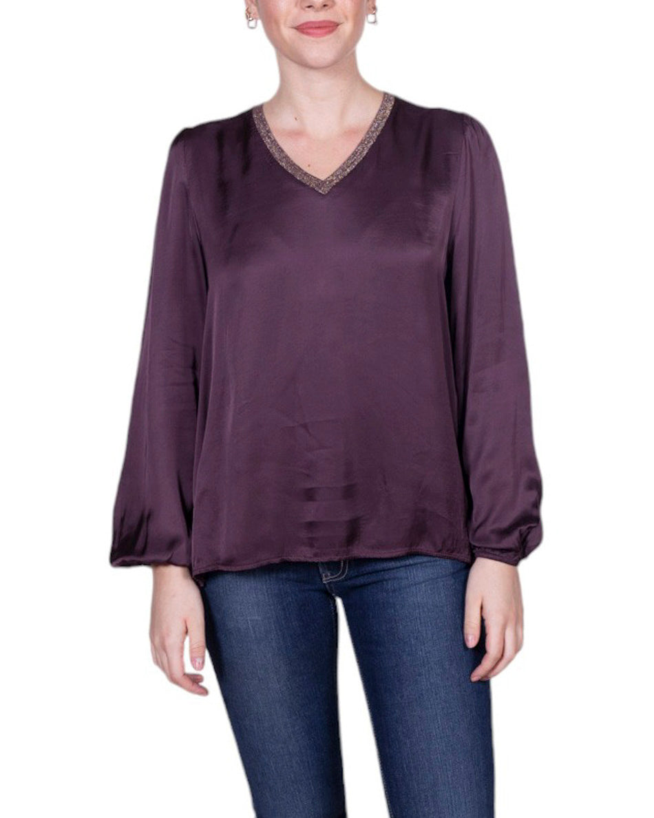 Blusa donna in viscosa con scollo a V profilato lamé e maniche morbide