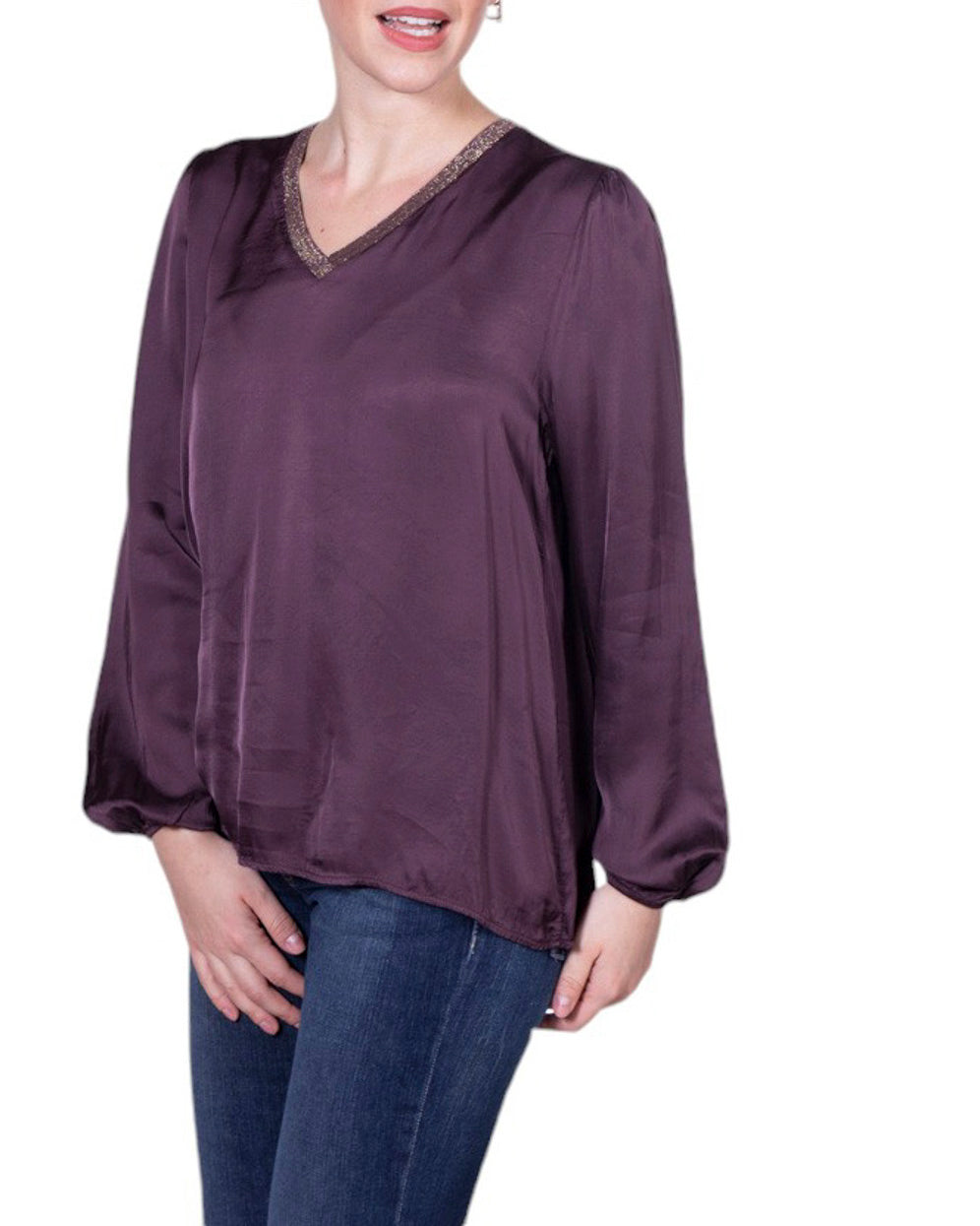 Blusa donna in viscosa con scollo a V profilato lamé e maniche morbide