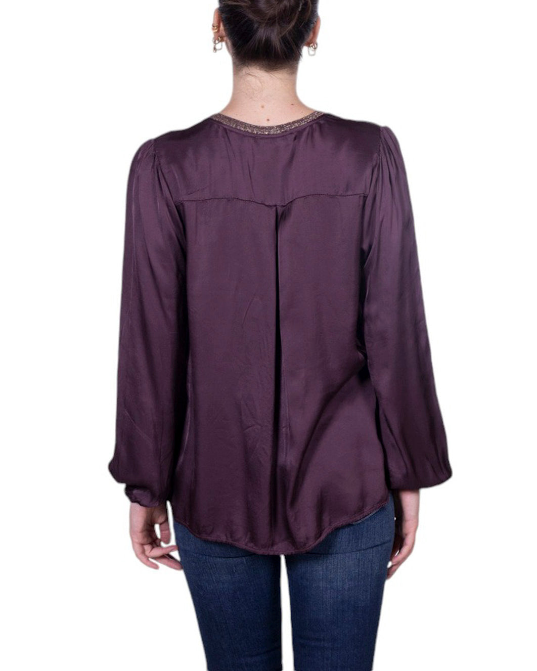 Blusa donna in viscosa con scollo a V profilato lamé e maniche morbide