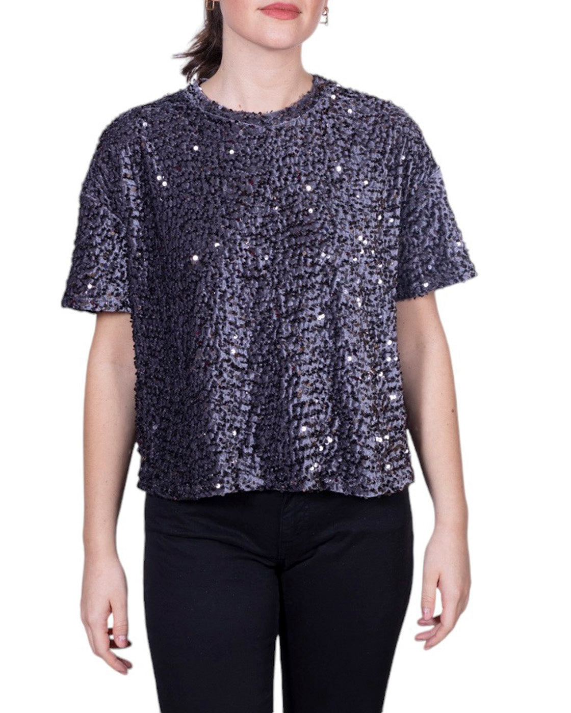 Blusa donna con paillettes manica corta, taglio dritto e vestibilità morbida