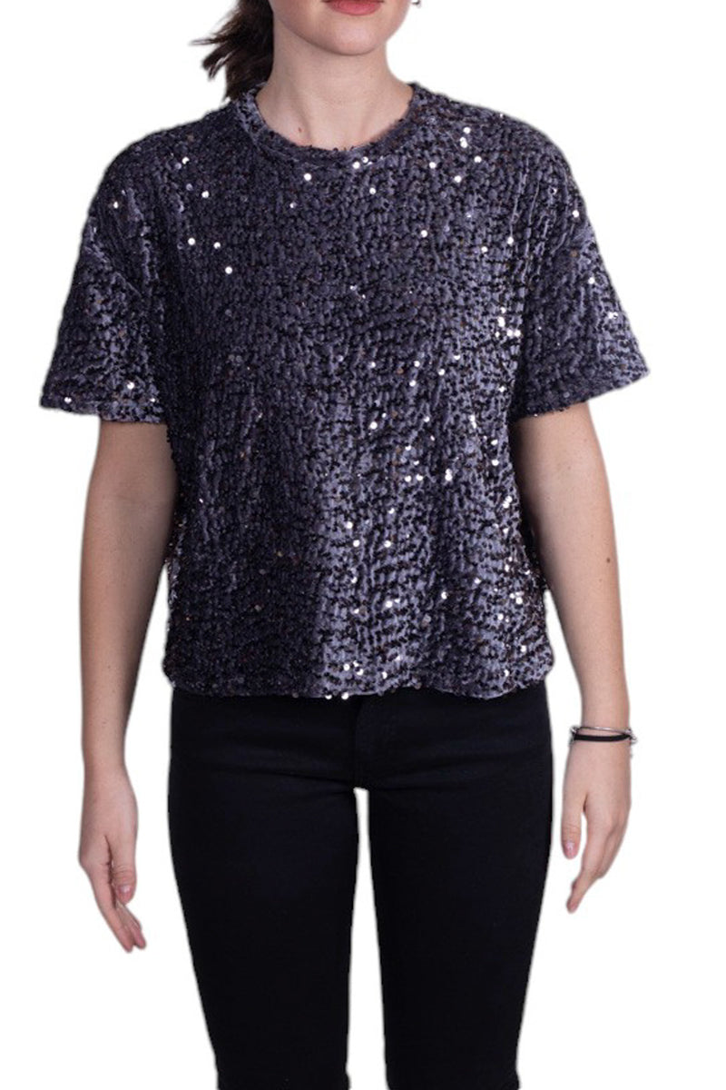 Blusa donna con paillettes manica corta, taglio dritto e vestibilità morbida