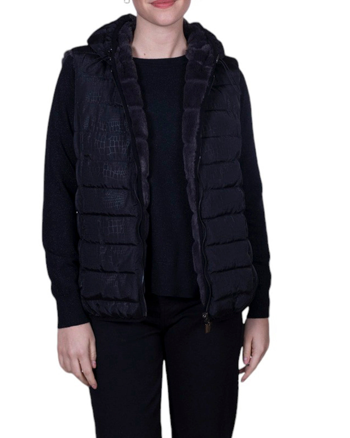 Giubbino smanicato Amy Reverse trapuntato con cappuccio e chiusura zip