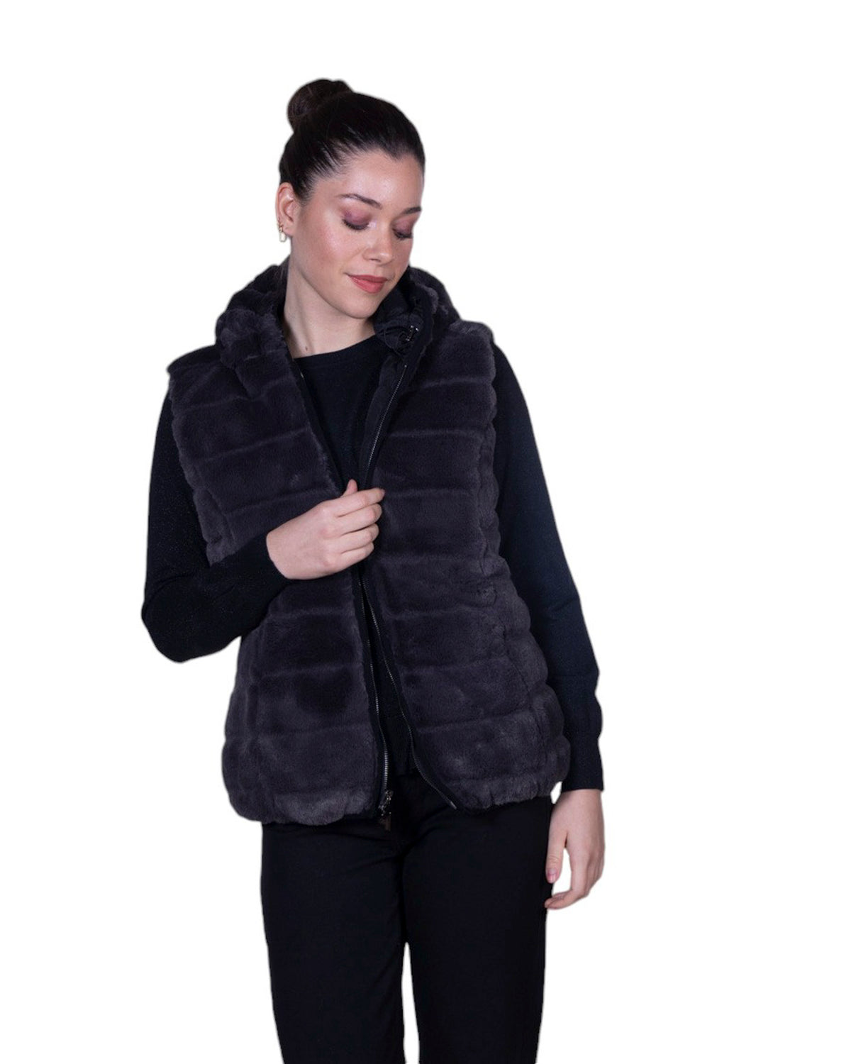 Giubbino smanicato Amy Reverse trapuntato con cappuccio e chiusura zip