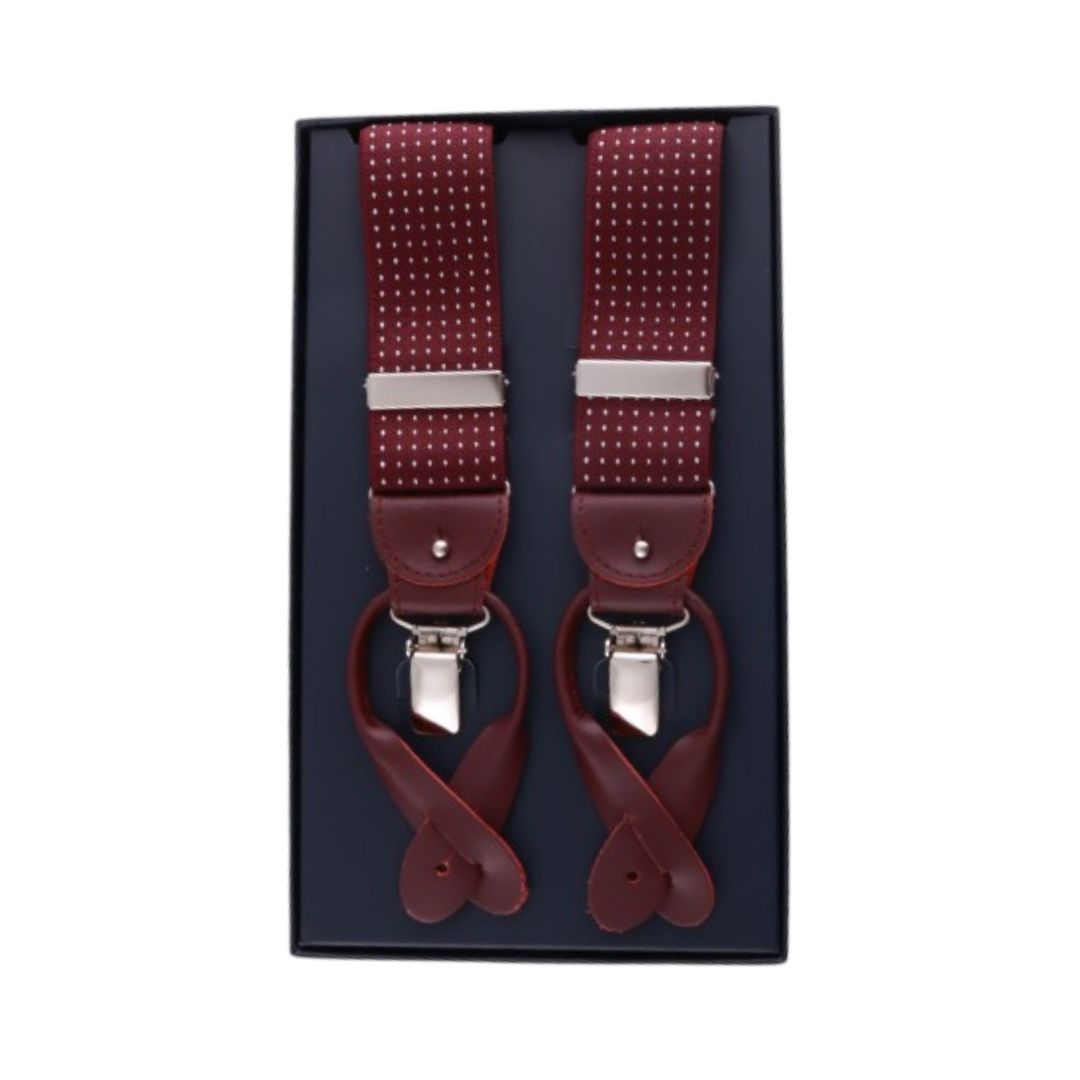 Bretelle uomo elasticizzate puntinate con clip in metallo e bottoni in pelle