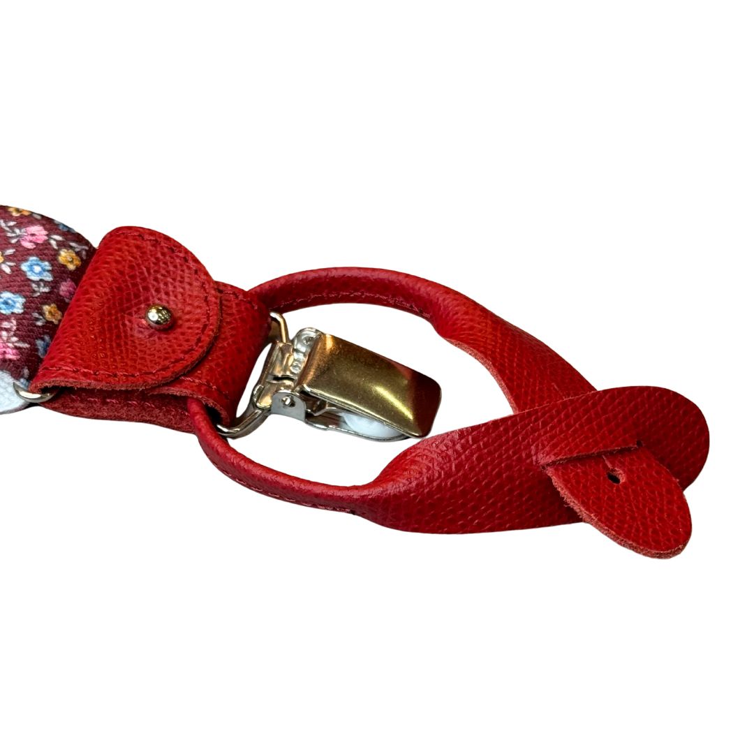 Bretelle da uomo fantasia fiorellini con clips e bottoni