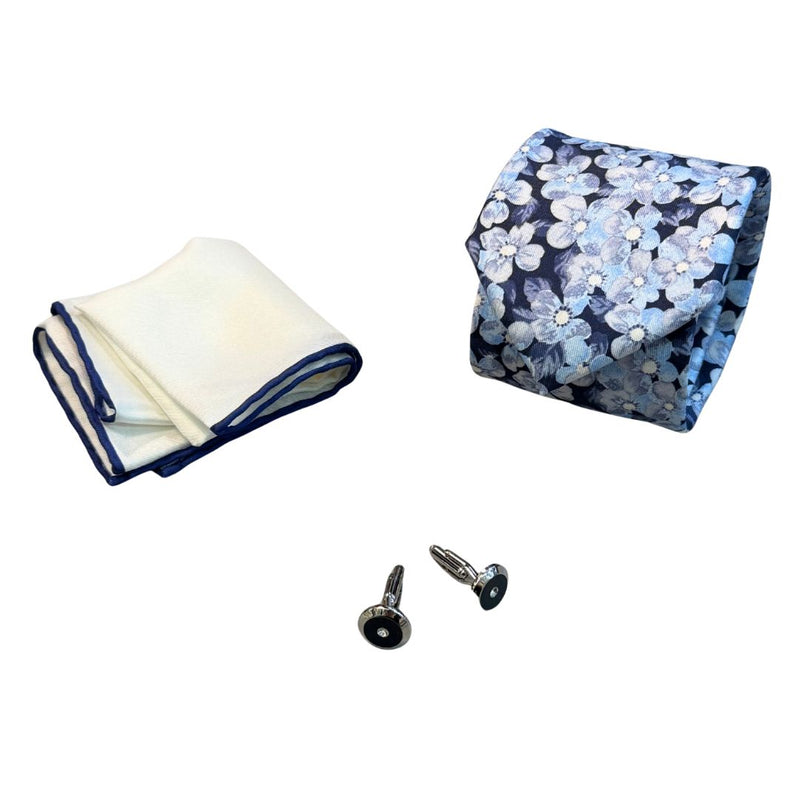 Box regalo uomo con cravatta, gemelli e pochette in pura seta fantasia floreale
