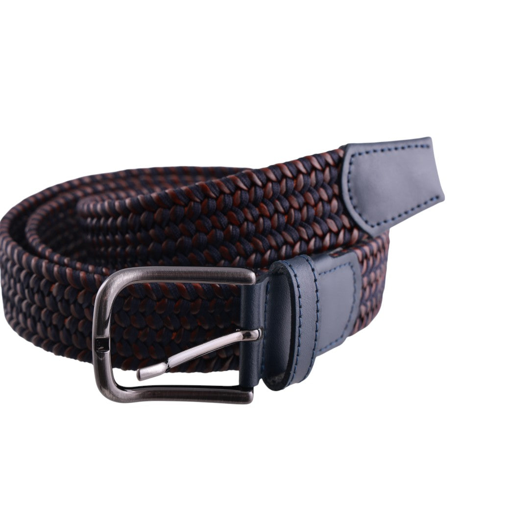 Cintura uomo intrecciata in elastan e inserti in vero cuoio con fibbia satinata