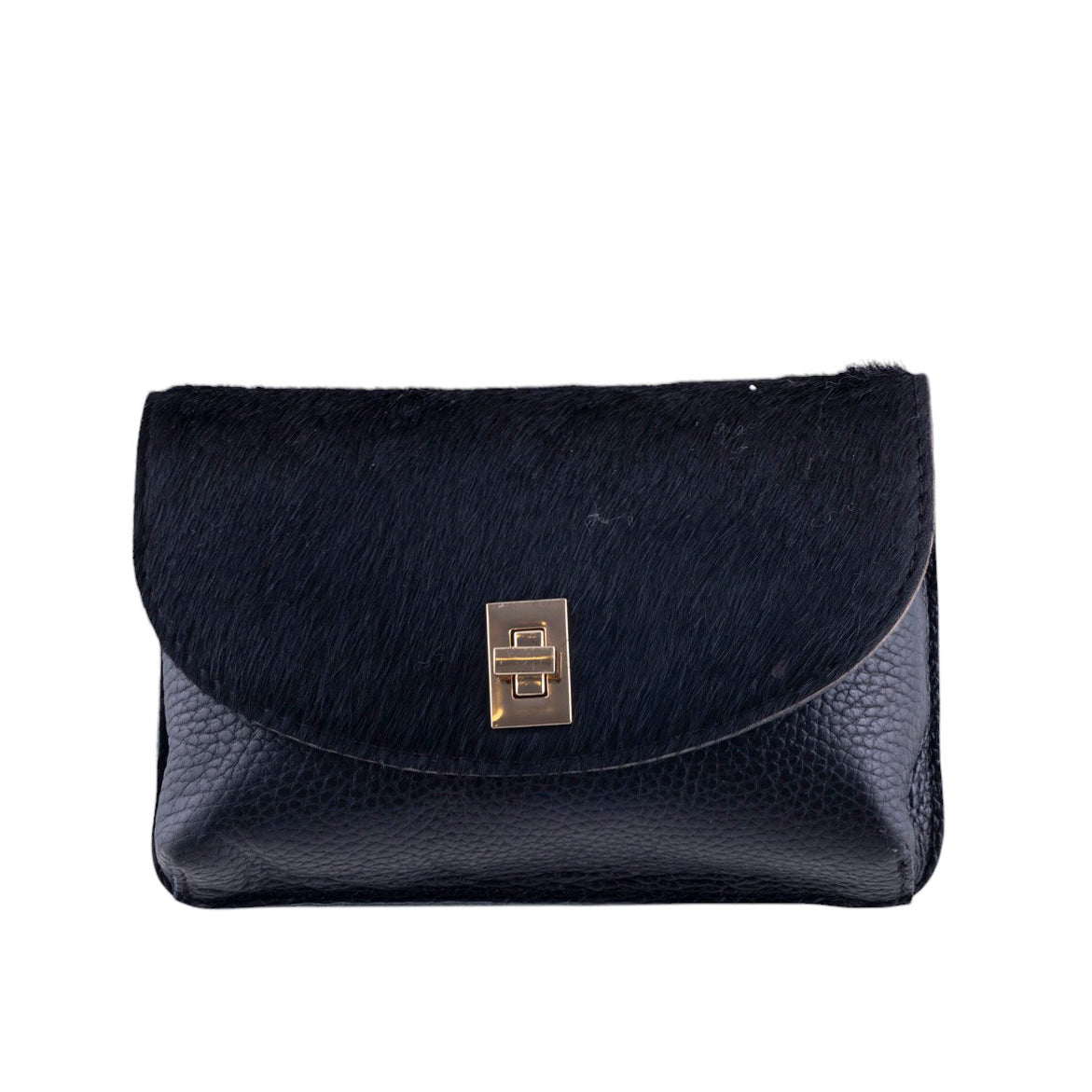 Borsina in pelle con patta in vero cavallino e chiusura metallica a scatto