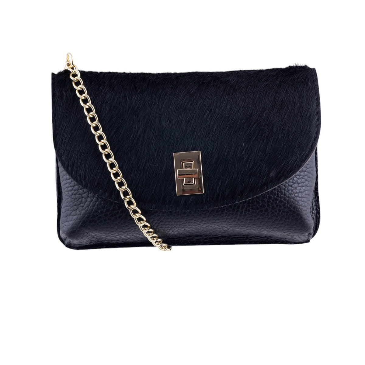 Borsina in pelle con patta in vero cavallino e chiusura metallica a scatto