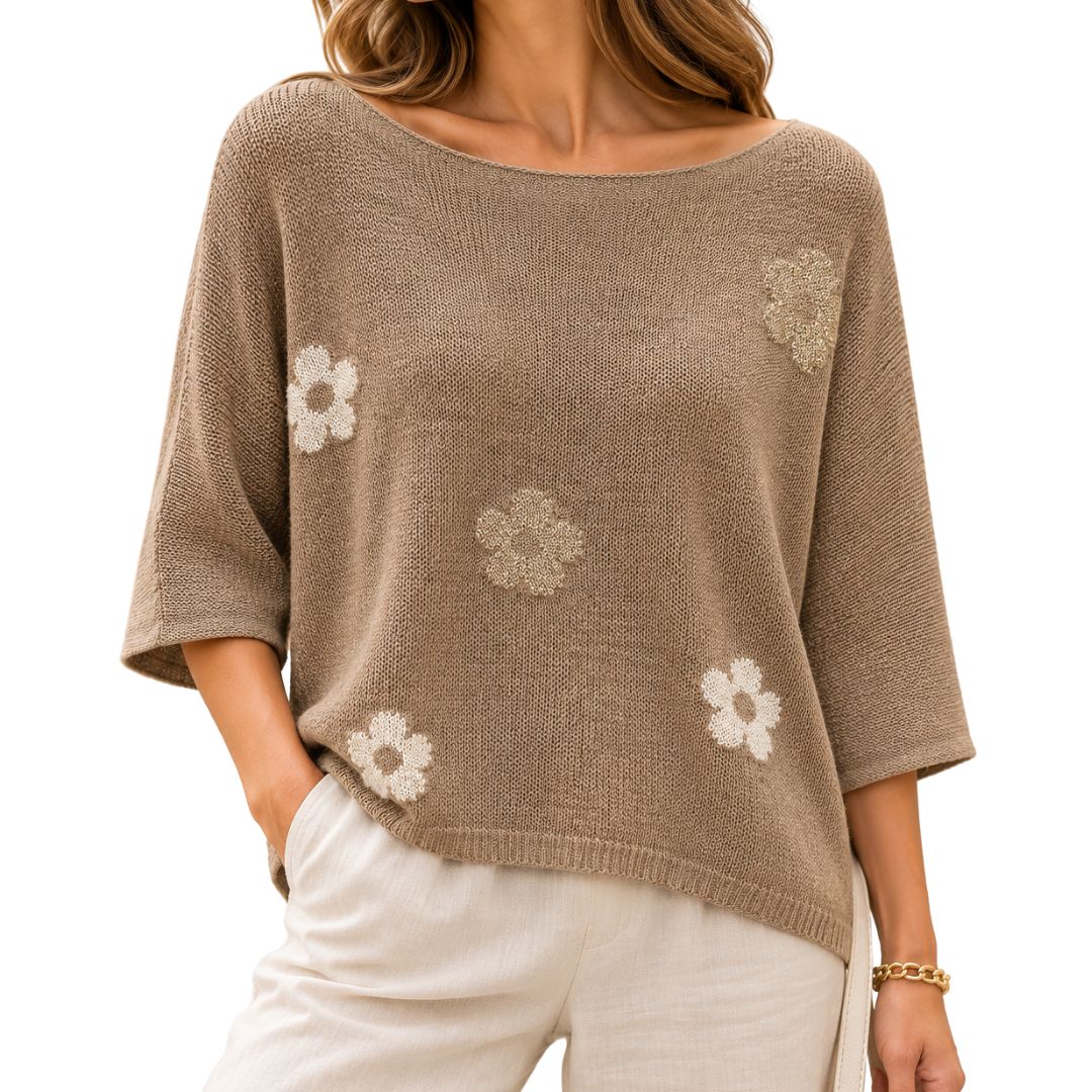 Maglia donna fiore misto cotone manica 3/4 scollo a barca
