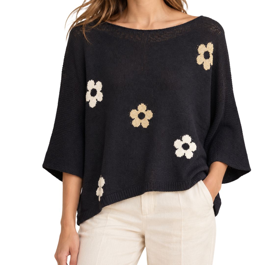 Maglia donna fiore misto cotone manica 3/4 scollo a barca