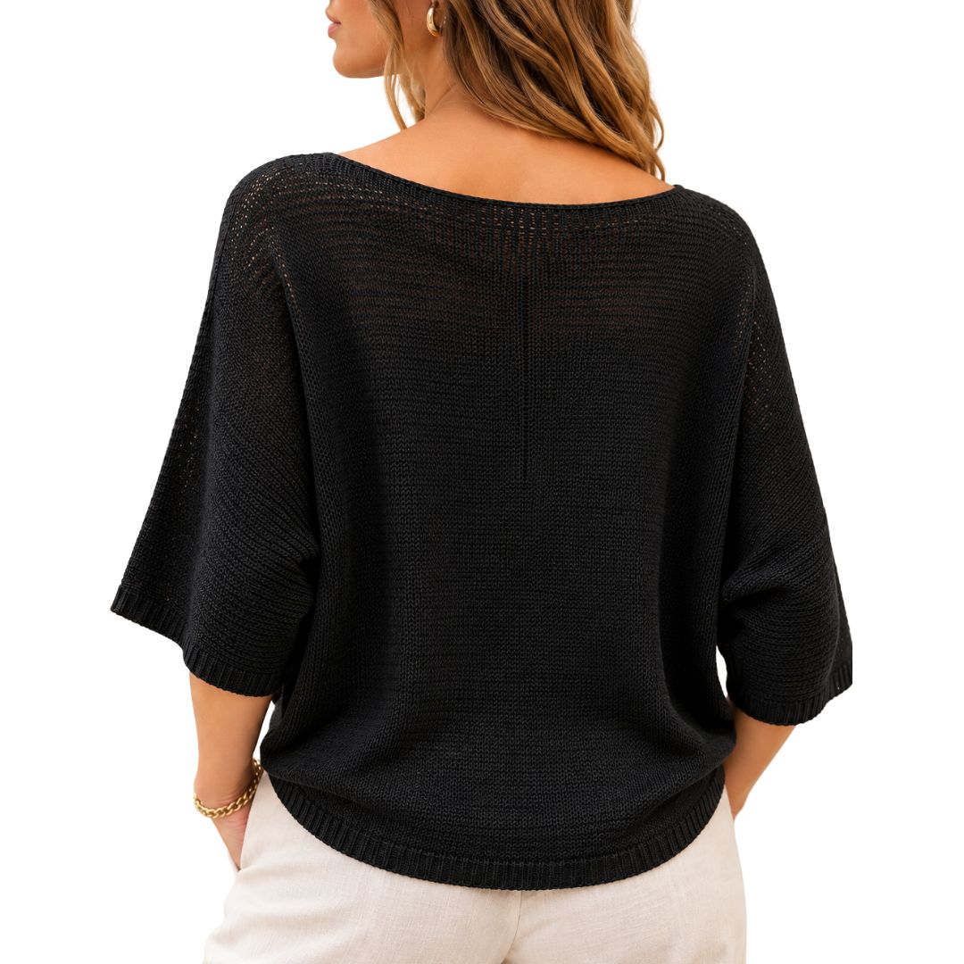 Maglia donna fiore misto cotone manica 3/4 scollo a barca
