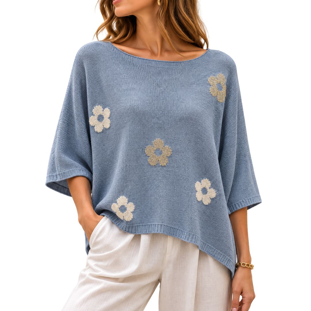 Maglia donna fiore misto cotone manica 3/4 scollo a barca