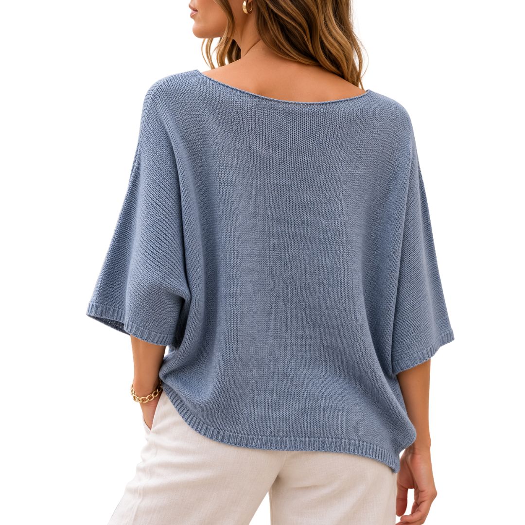 Maglia donna fiore misto cotone manica 3/4 scollo a barca