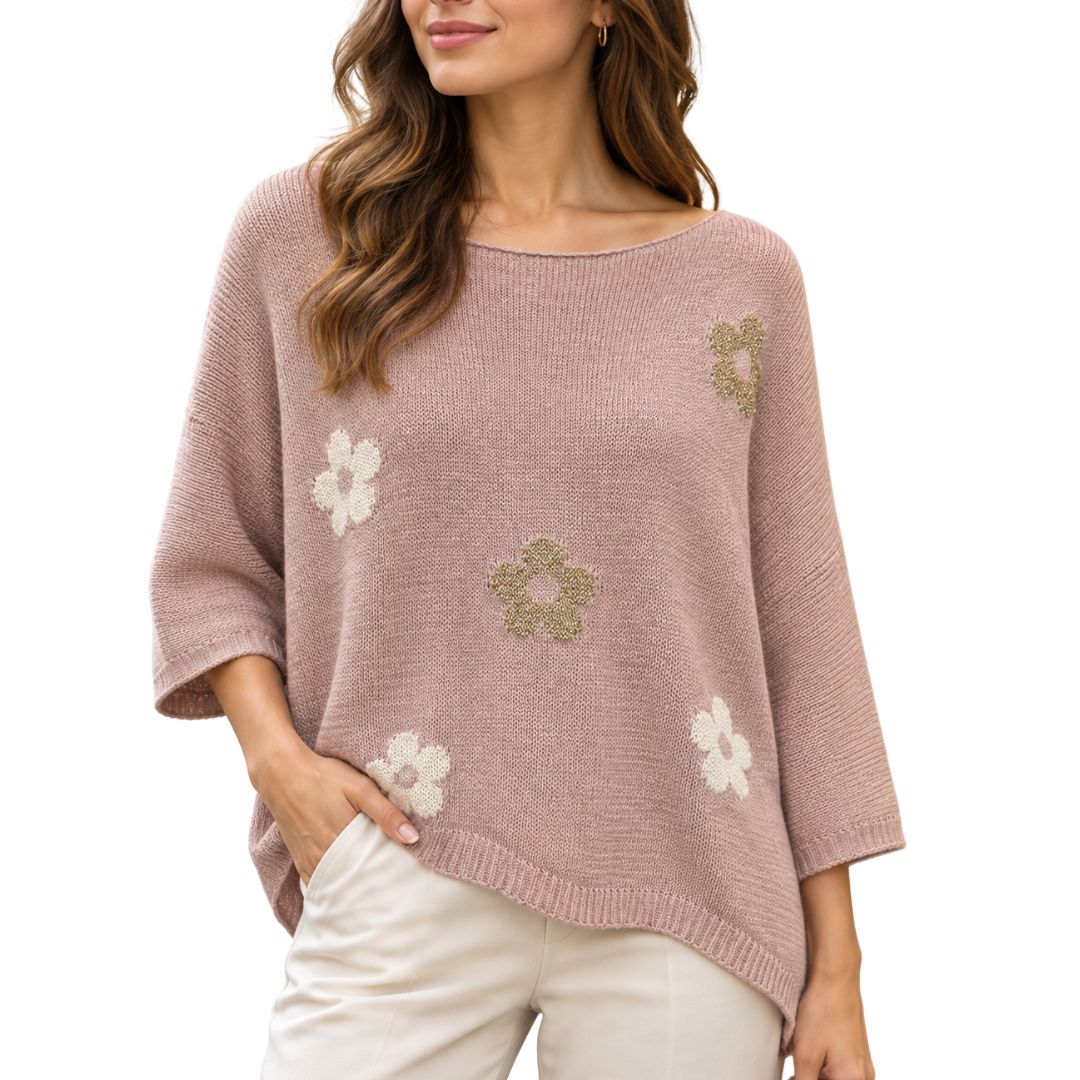 Maglia donna fiore misto cotone manica 3/4 scollo a barca