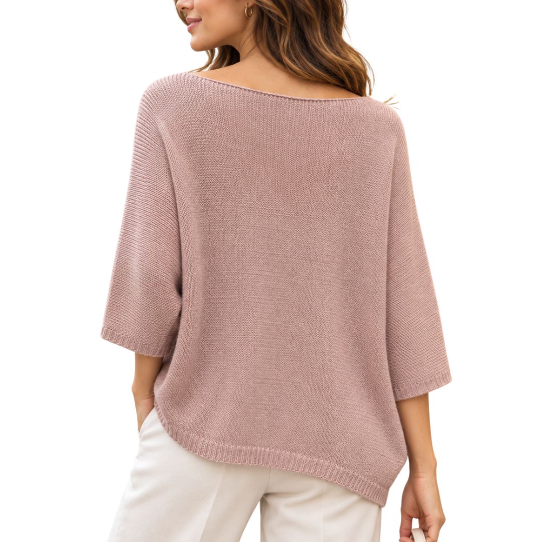 Maglia donna fiore misto cotone manica 3/4 scollo a barca