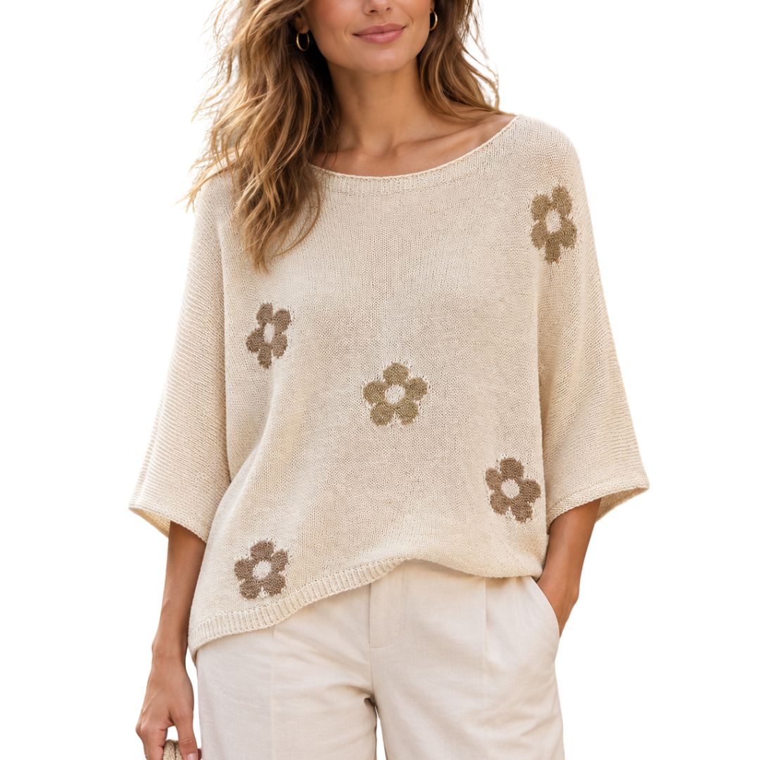Maglia donna fiore misto cotone manica 3/4 scollo a barca