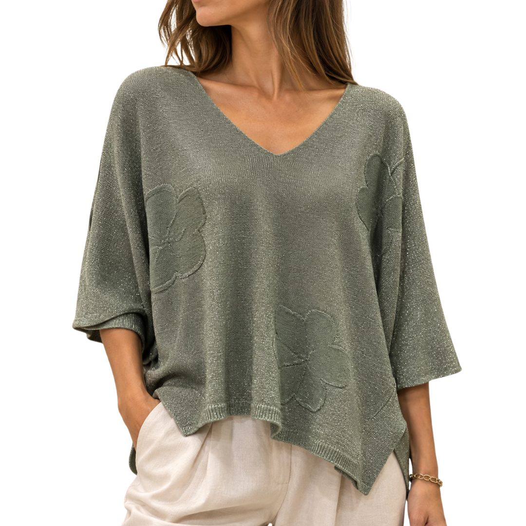Maglia donna laminata misto modal manica 3/4 scollo a V