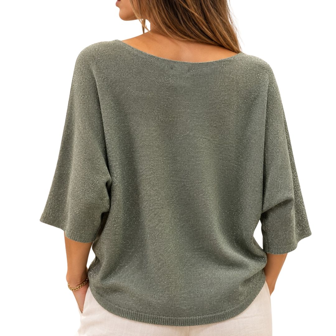 Maglia donna laminata misto modal manica 3/4 scollo a V