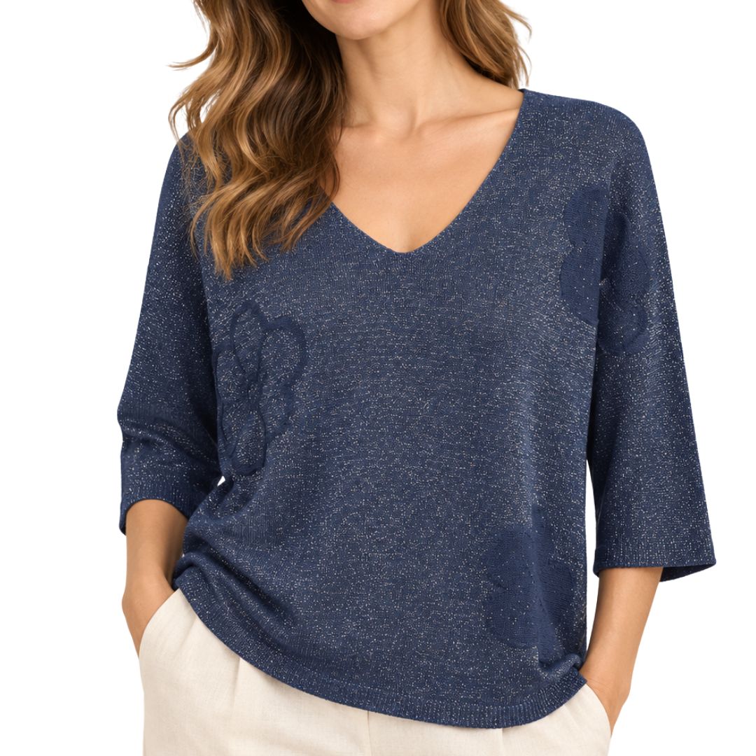 Maglia donna laminata misto modal manica 3/4 scollo a V