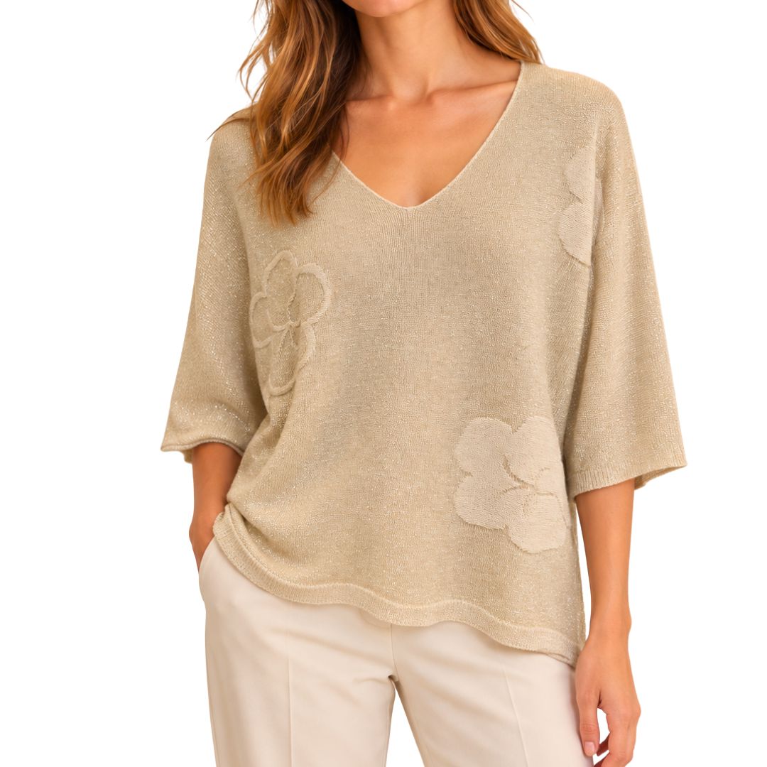 Maglia donna laminata misto modal manica 3/4 scollo a V