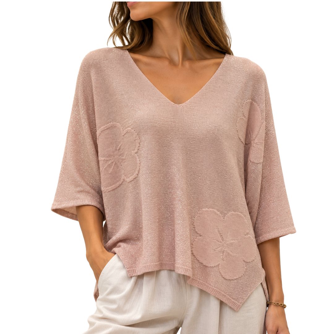 Maglia donna laminata misto modal manica 3/4 scollo a V