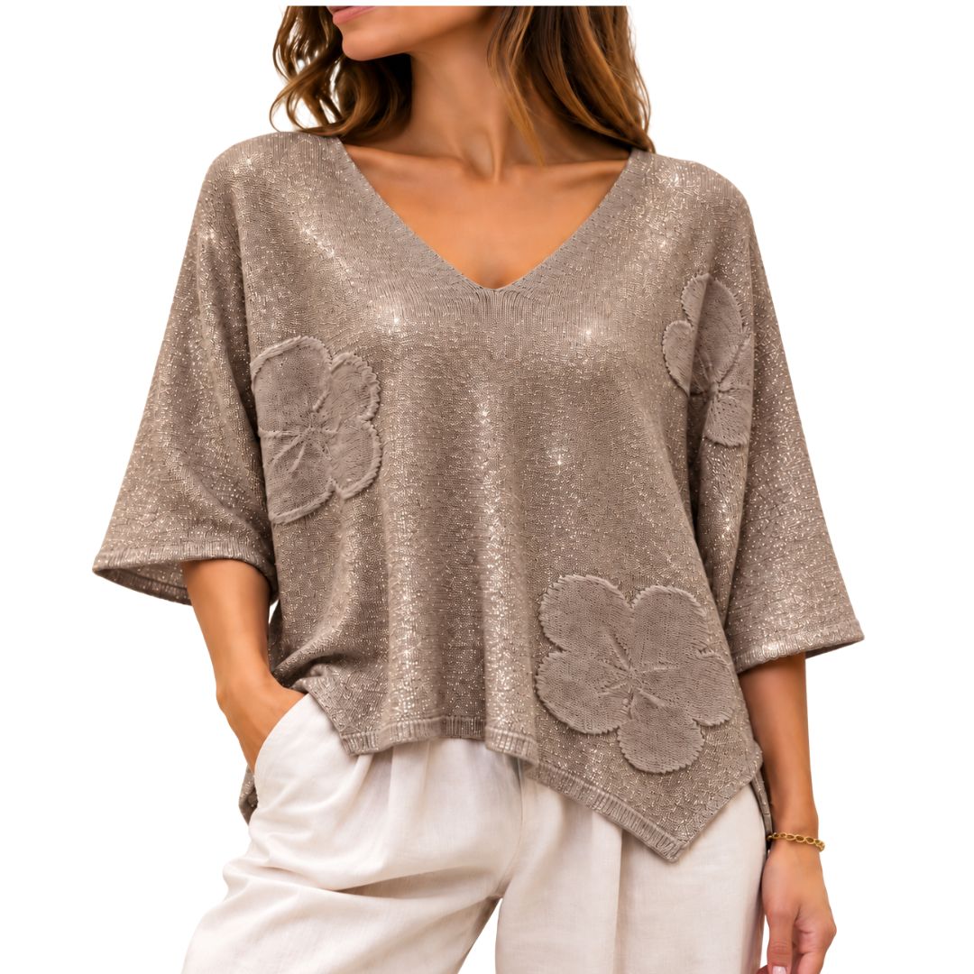 Maglia donna laminata misto modal manica 3/4 scollo a V