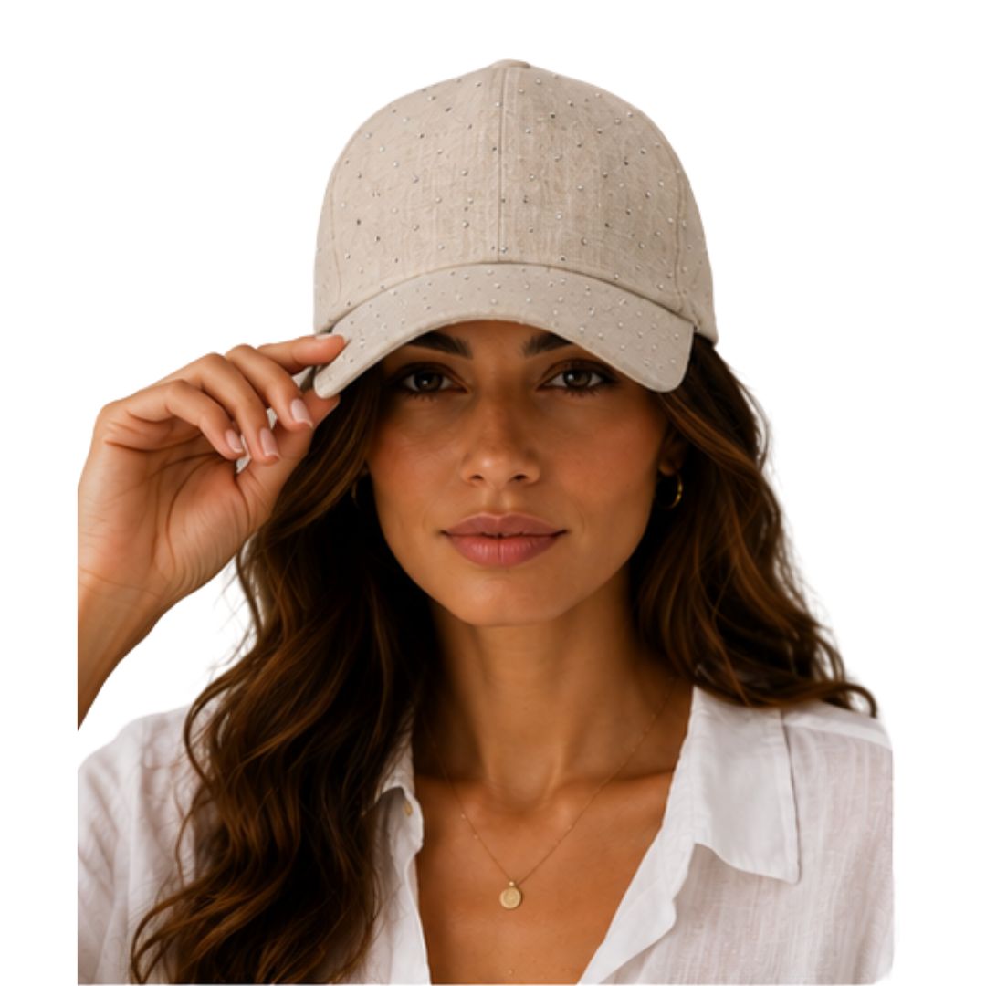 Cappello donna con visiera in tinta unita, regolabile, con strass Made in Italy