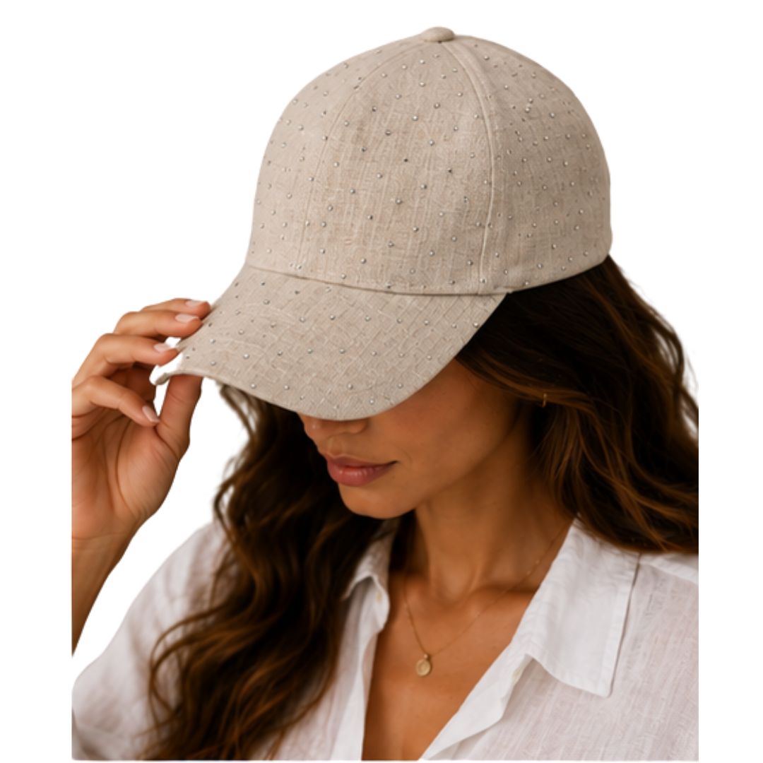 Cappello donna con visiera in tinta unita, regolabile, con strass Made in Italy