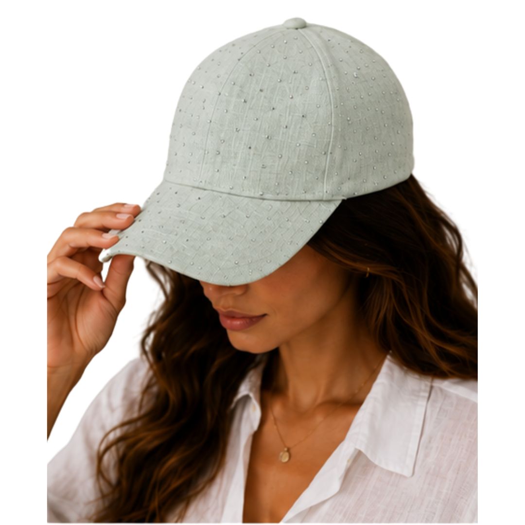 Cappello donna con visiera in tinta unita, regolabile, con strass Made in Italy