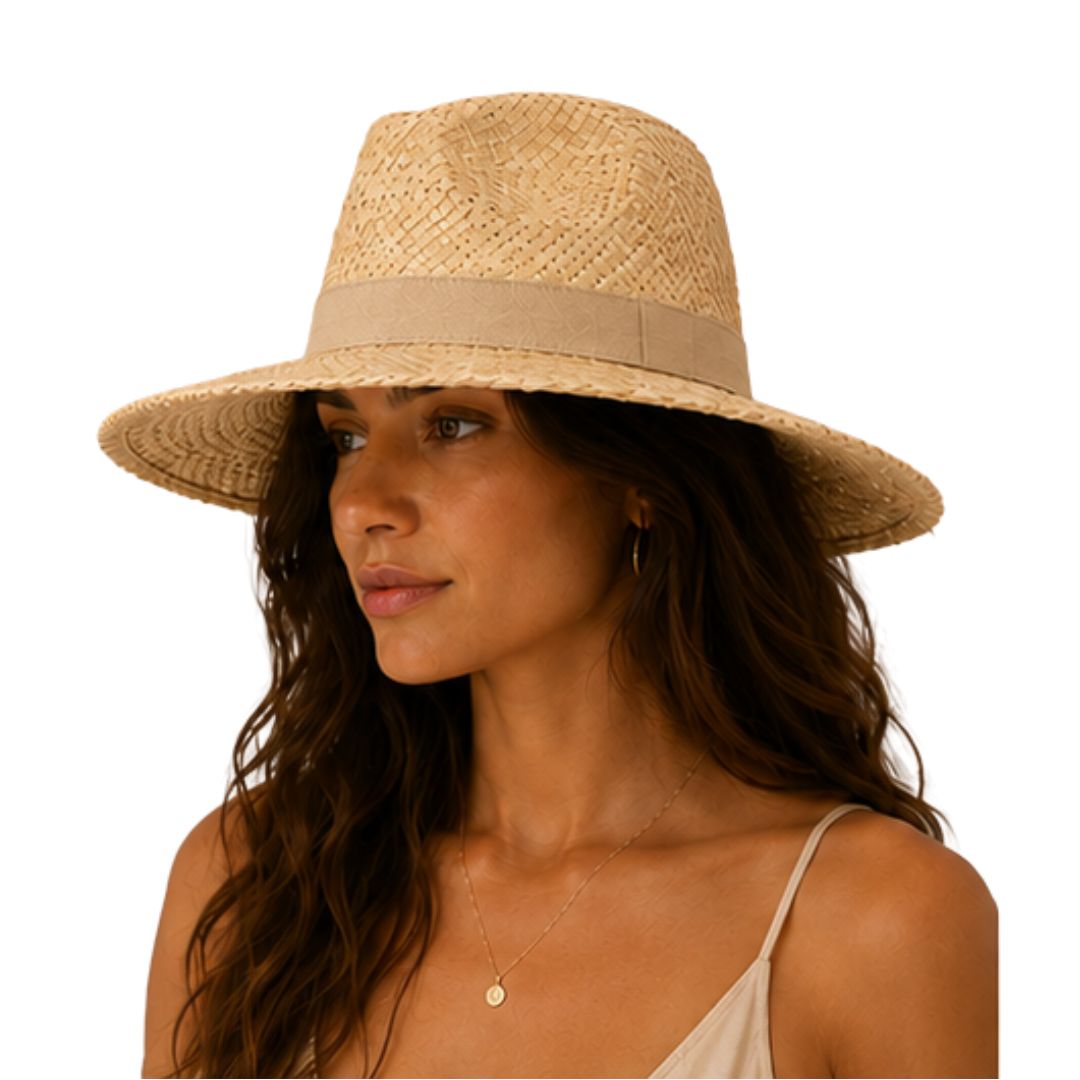 Cappello donna in paglia con tesa, con fascia in tessuto colorata Made in Italy