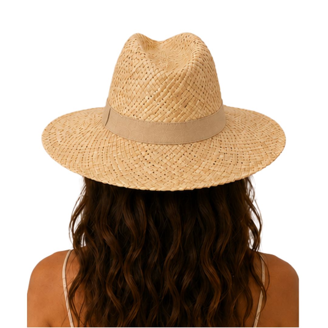Cappello donna in paglia con tesa, con fascia in tessuto colorata Made in Italy