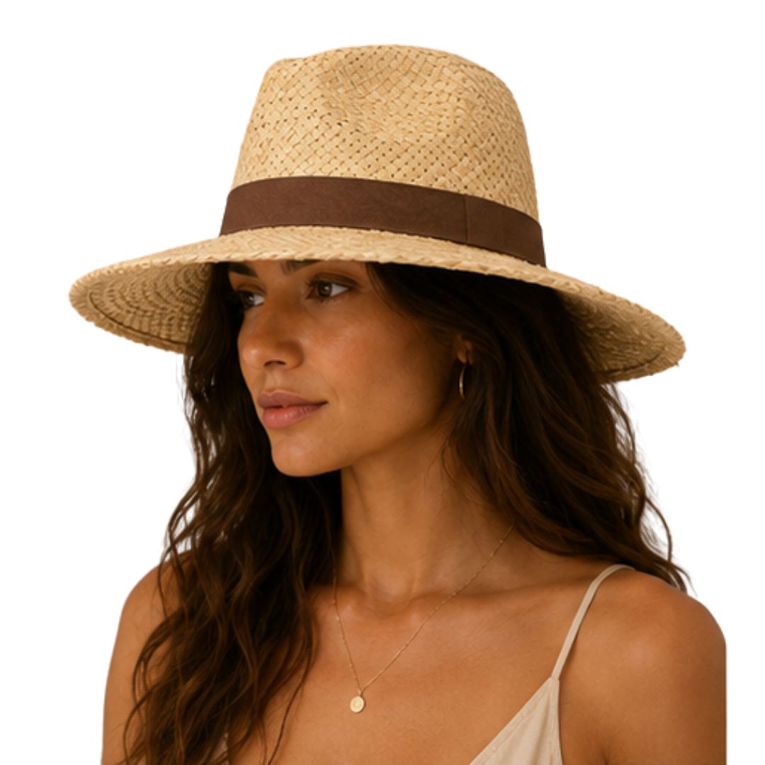 Cappello donna in paglia con tesa, con fascia in tessuto colorata Made in Italy