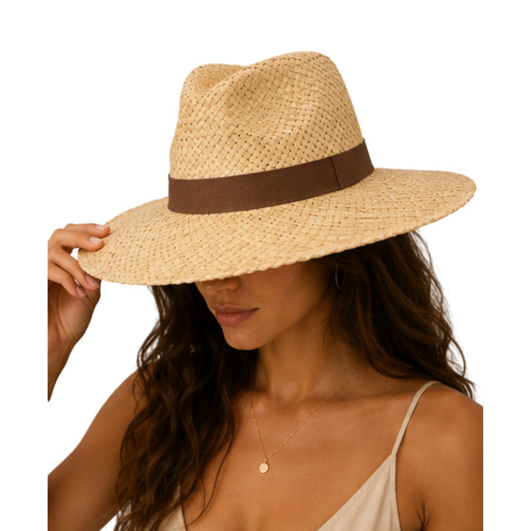 Cappello donna in paglia con tesa, con fascia in tessuto colorata Made in Italy