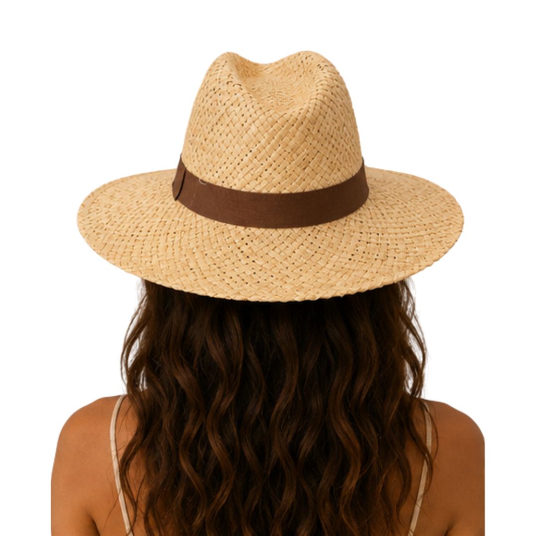 Cappello donna in paglia con tesa, con fascia in tessuto colorata Made in Italy