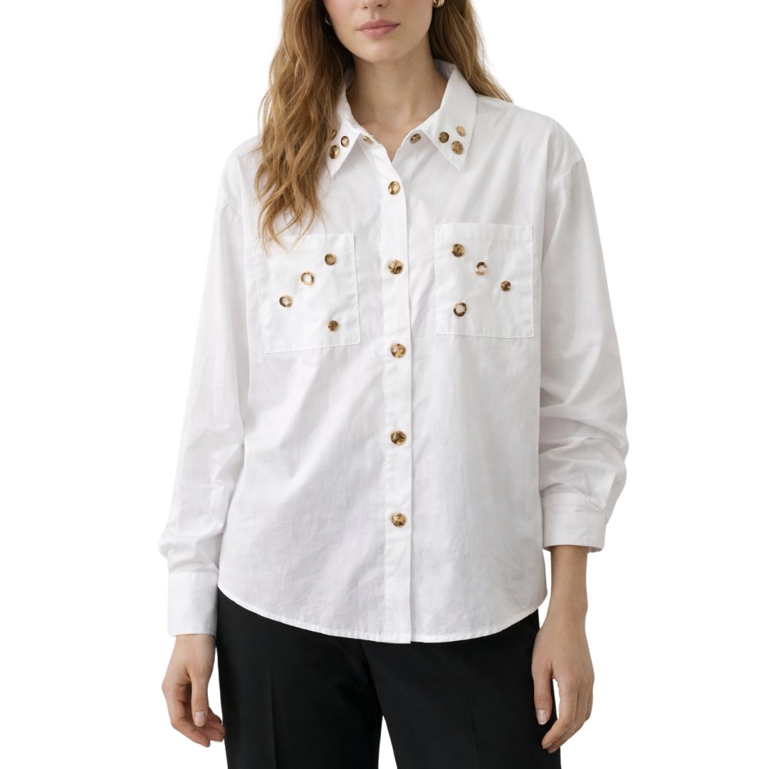 Camicia donna cotone con borchie manica lunga con tasche e cannone dietro