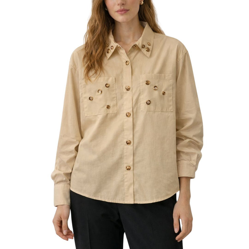 Camicia donna cotone con borchie manica lunga con tasche e cannone dietro