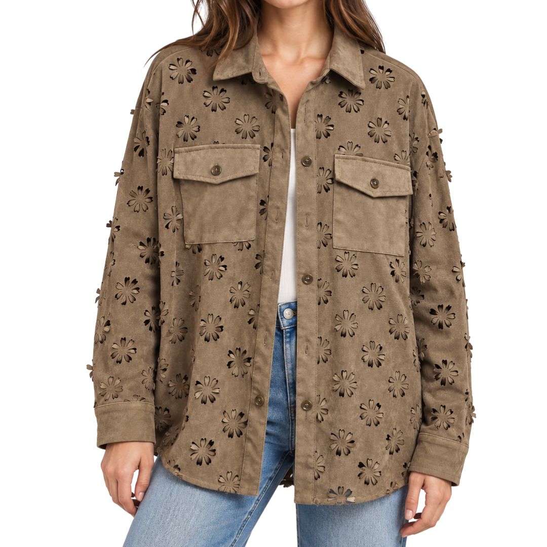 Giacca camicia donna manica lunga scamosciata con motivi floreali traforati e ta